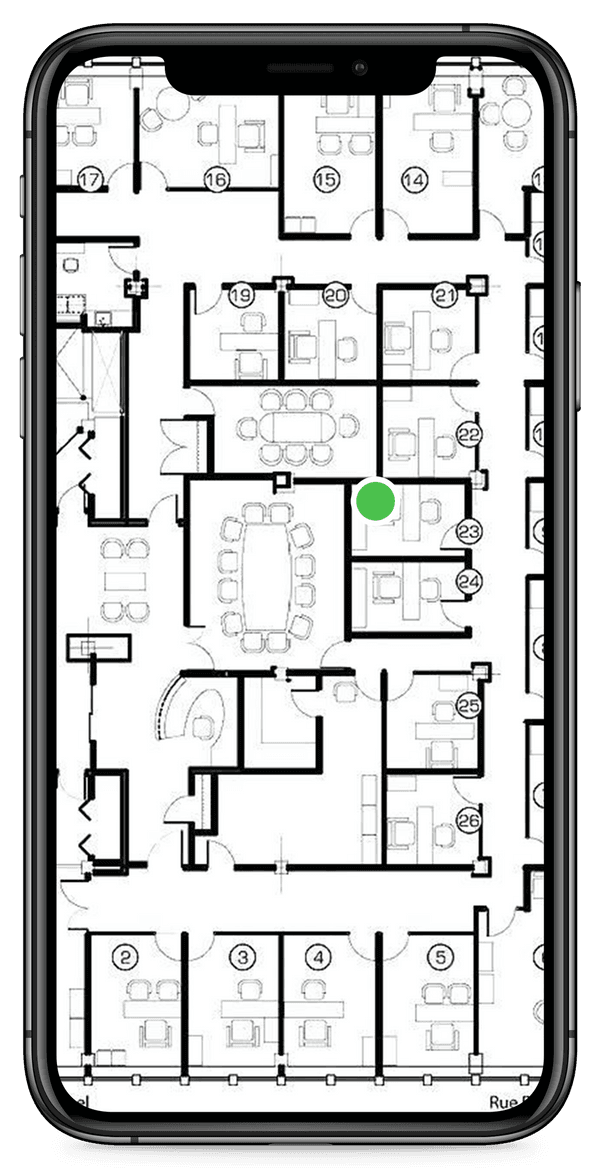 Page showing a floor plan with a green dot depicting the location of the equipment